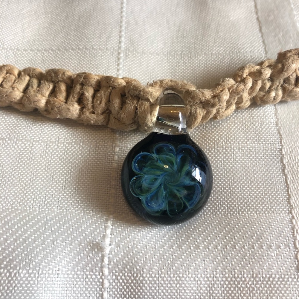 Hemp Necklace with Blue Swirl Like a Seven Leaf Clover Light and Dark Blue - Picture 5 of 6